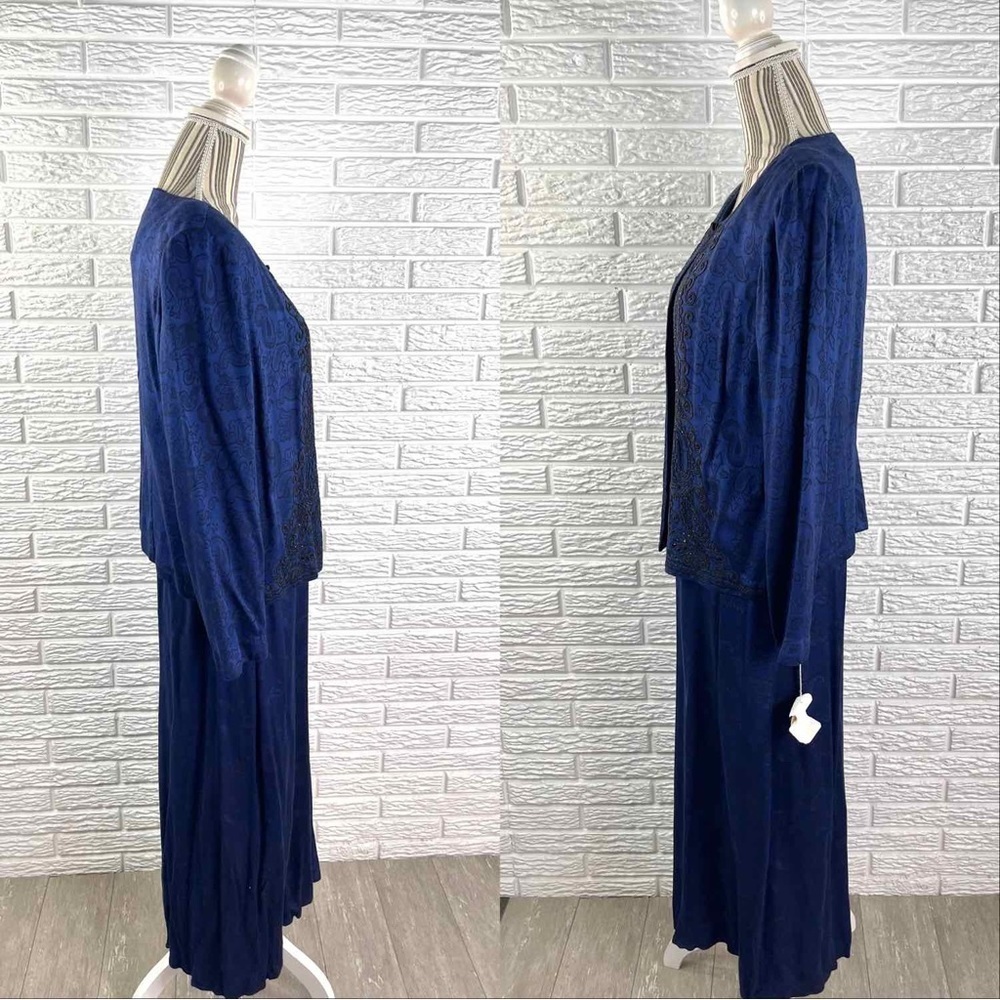 Vtg Sarah Elizabeth Royal Blue & Black Embroidered Beaded Dress Jacket Set Sz 12 - Picture 5 of 9